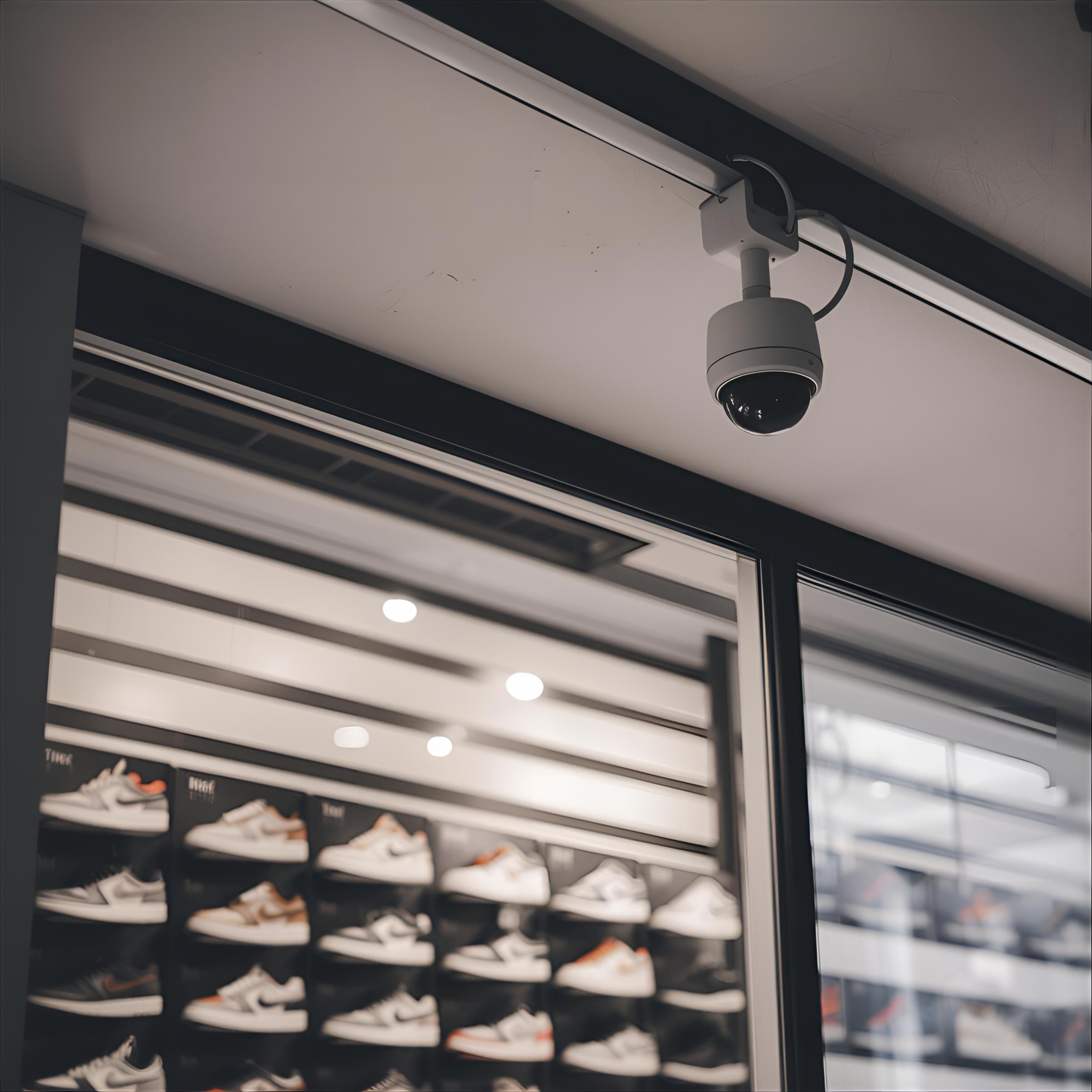 imagen de un negocio tipo tienda de zapatillas con una cámara de seguridad en el techo