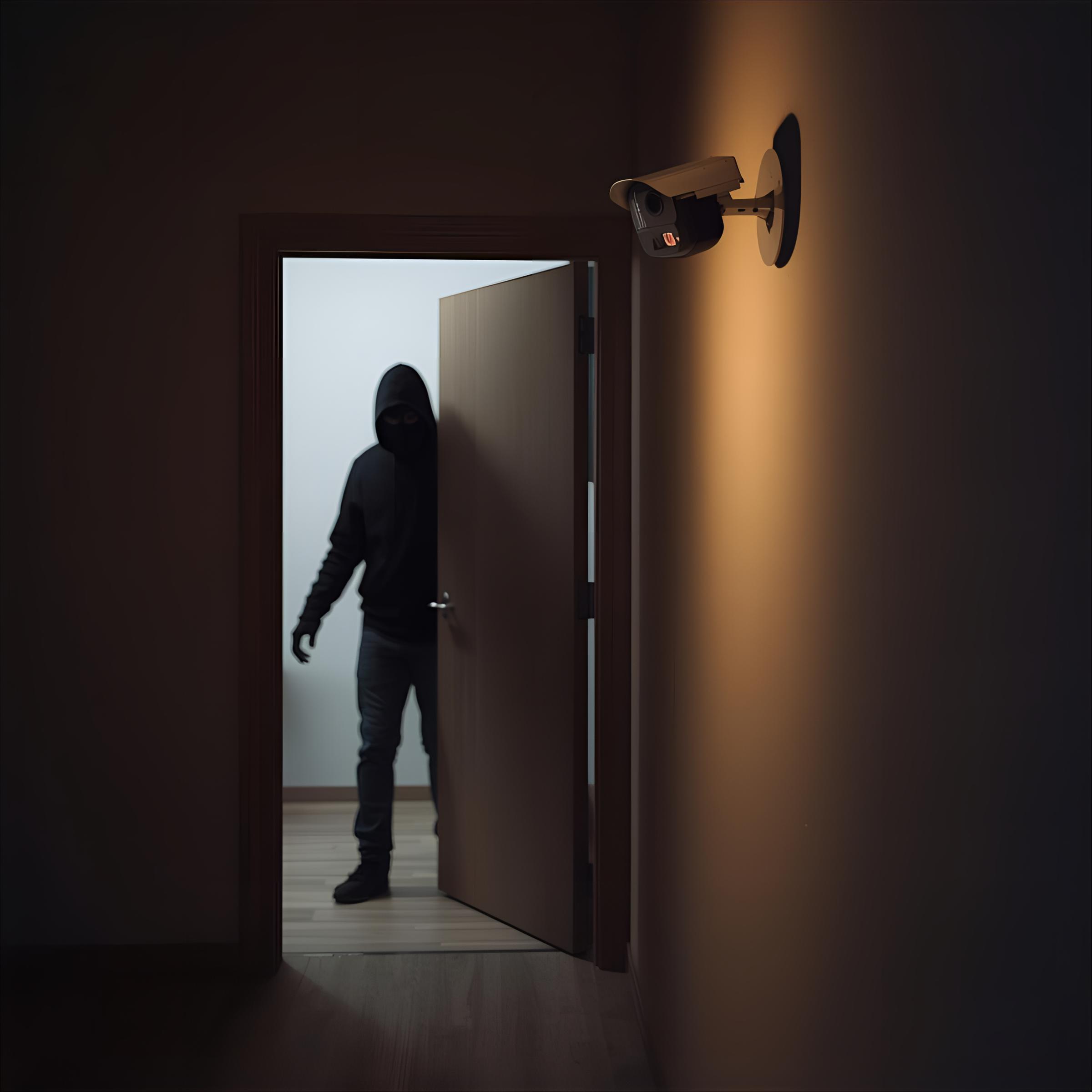 imagen de una habitacion con un intruso ingresando por la puerta y una cámara de seguridad en una esquina lo capta