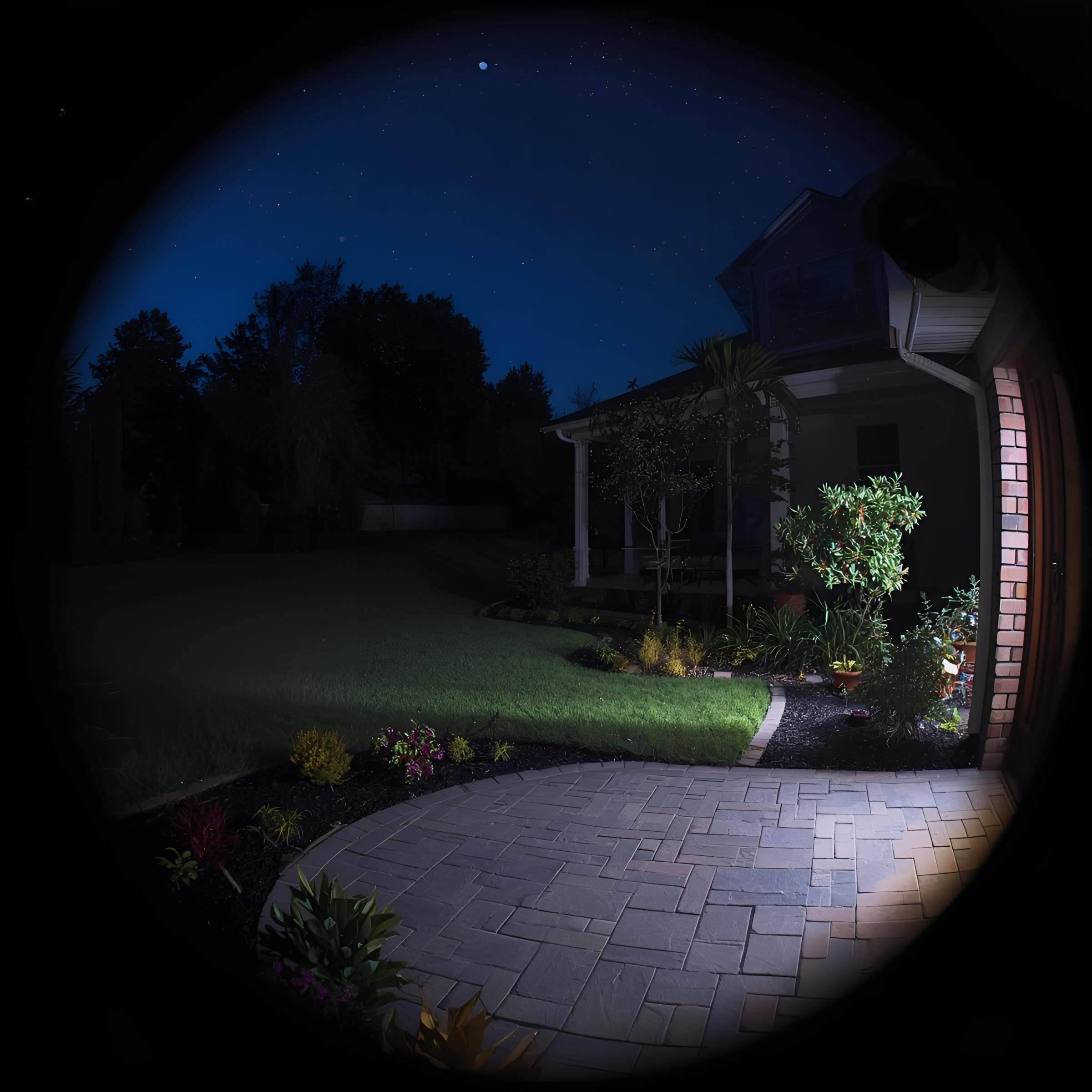 un ladscape en la noche de un patio de una casa visto a traves del lente de una camara de seguridad de gran calidad a color