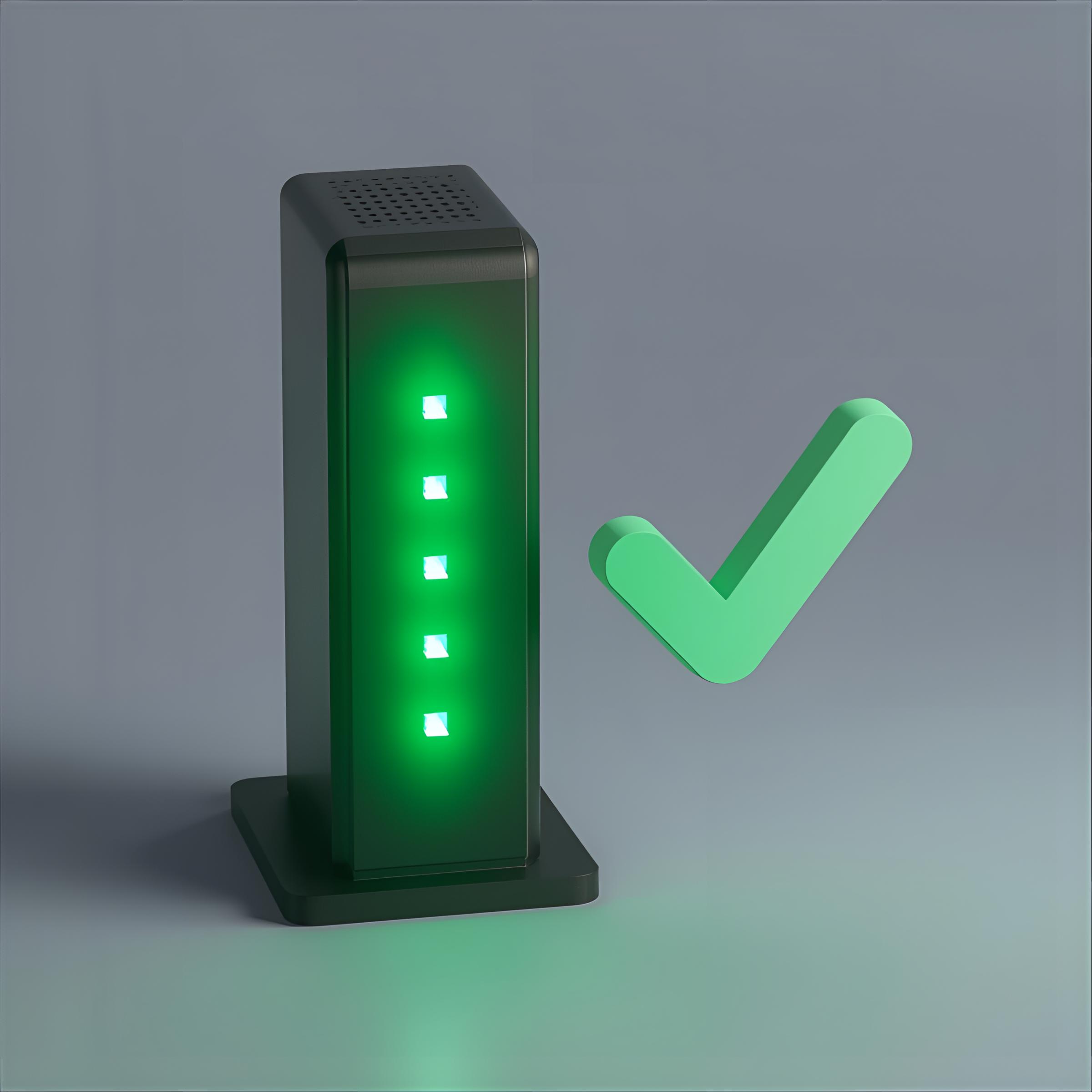 un modem con todas las luces en verde, y un _check_ en 3d flotando al lao