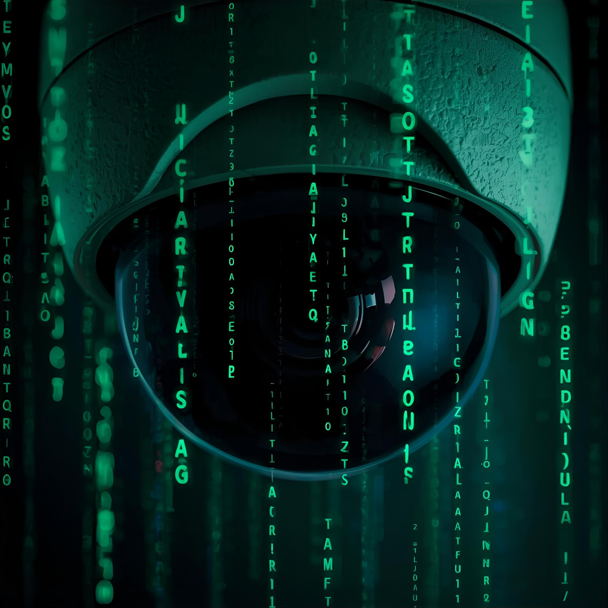 un primer plano de una camara de seguridad con letras estilo matrix cayendo, simulando un hackeo