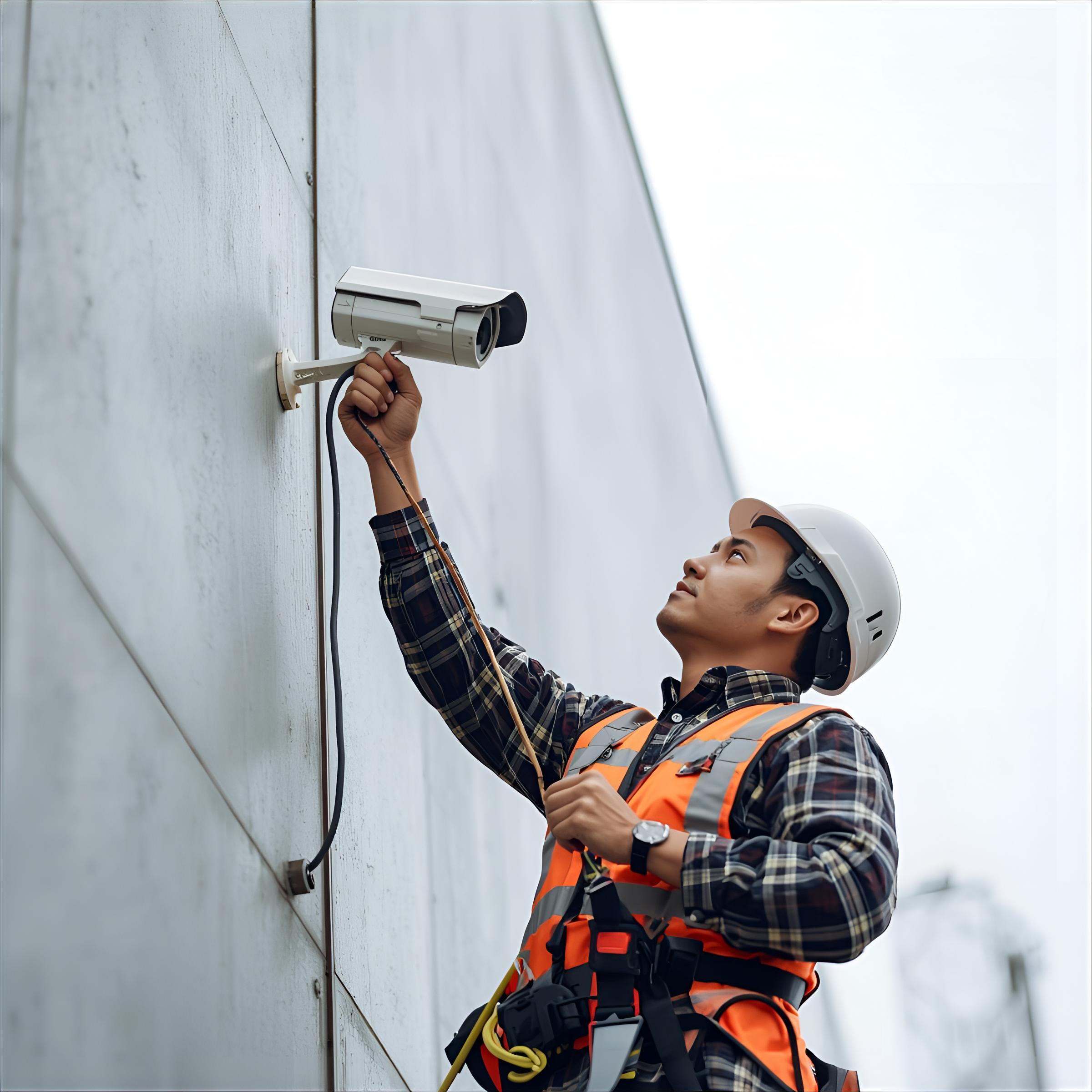 tecnico-instalador-de-camara-seguridad un técnico instalador de cámaras de seguridad instalando una cámara en altura