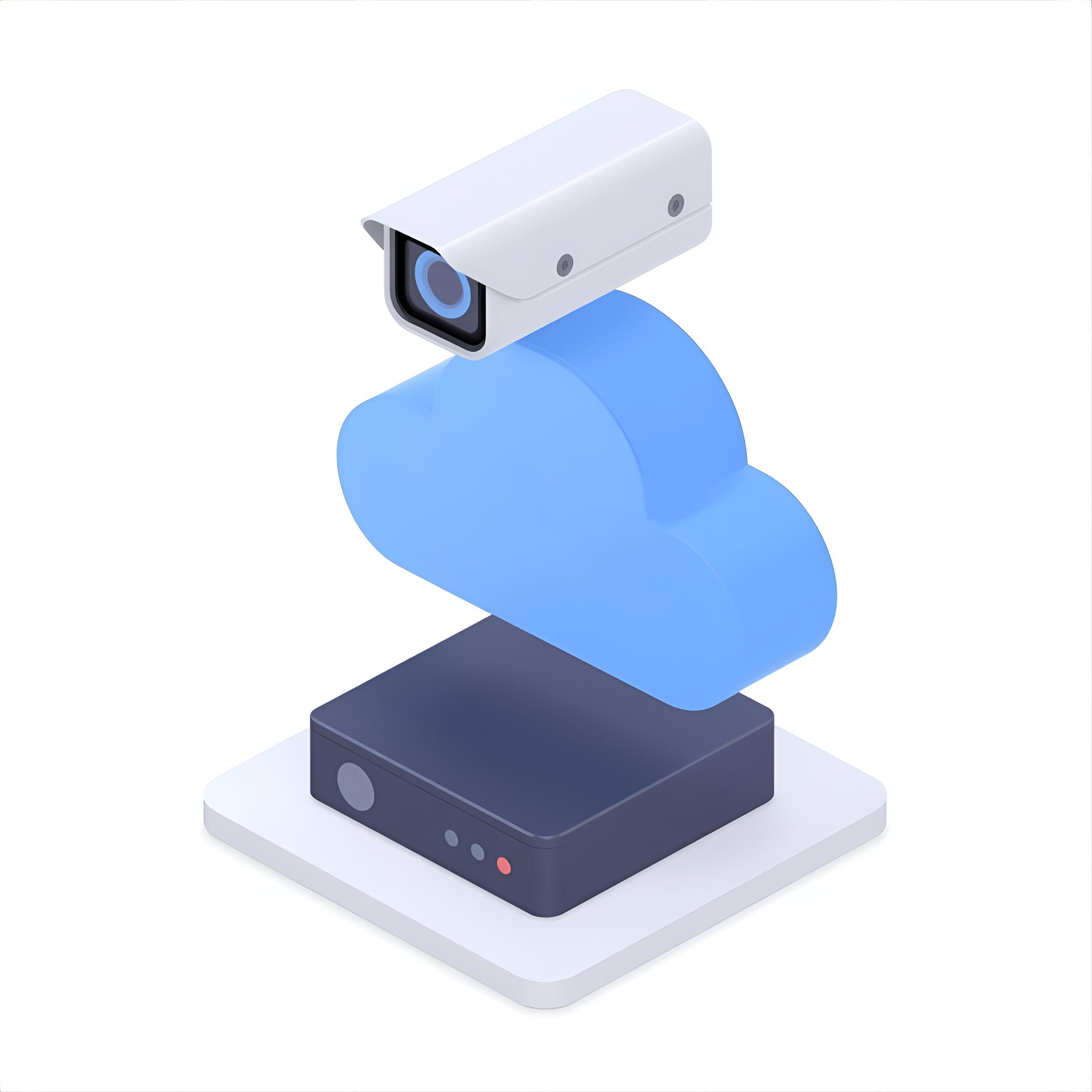 una camara de seguridad arriba de un escritorio con un disco rigido y ademas un modelo en 3d de una nube es estilo de iconografia sencilla 3d