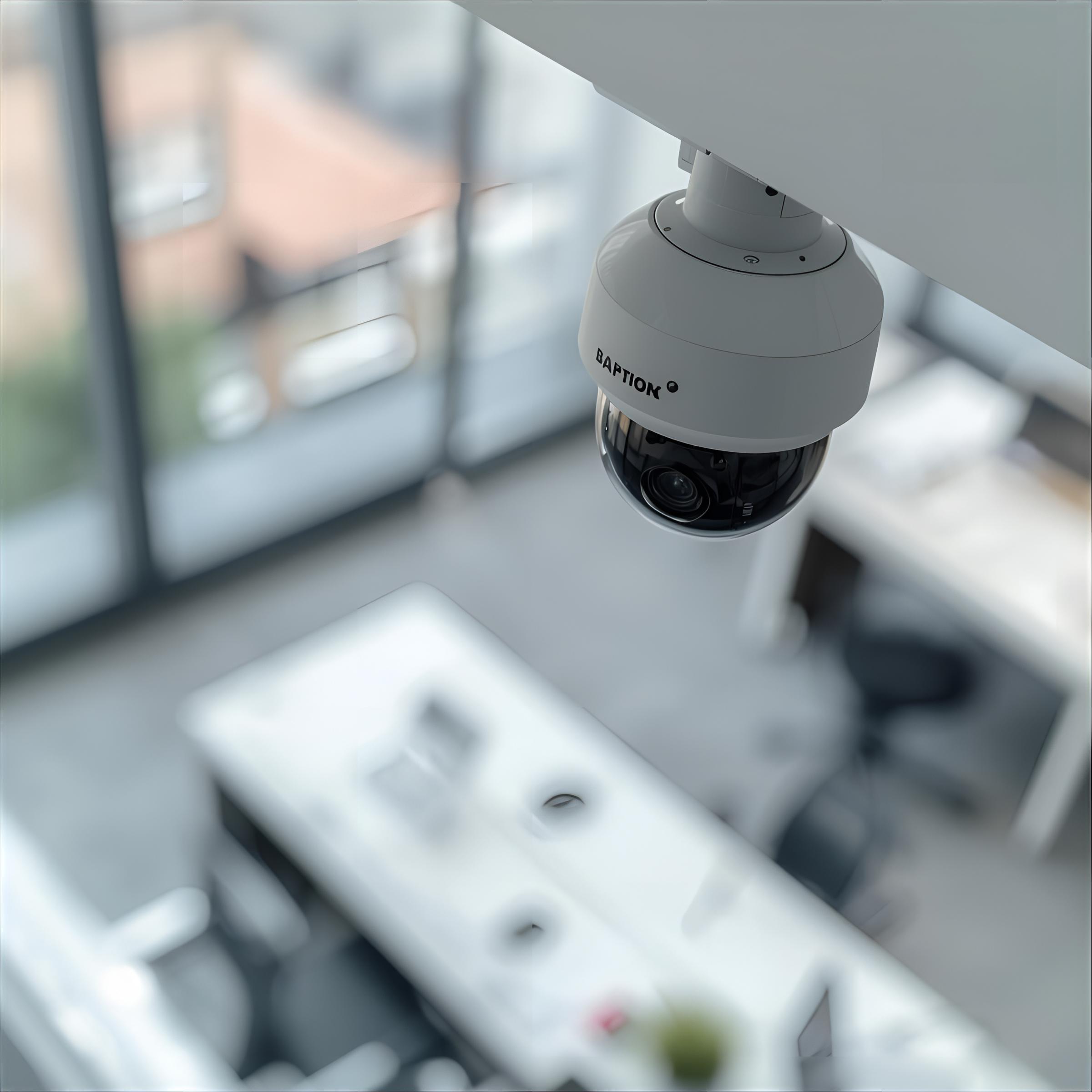 una cámara de seguridad arriba de un escritorio con una ventana de fondo desenfocada camara-seguridad-vista-aerea
