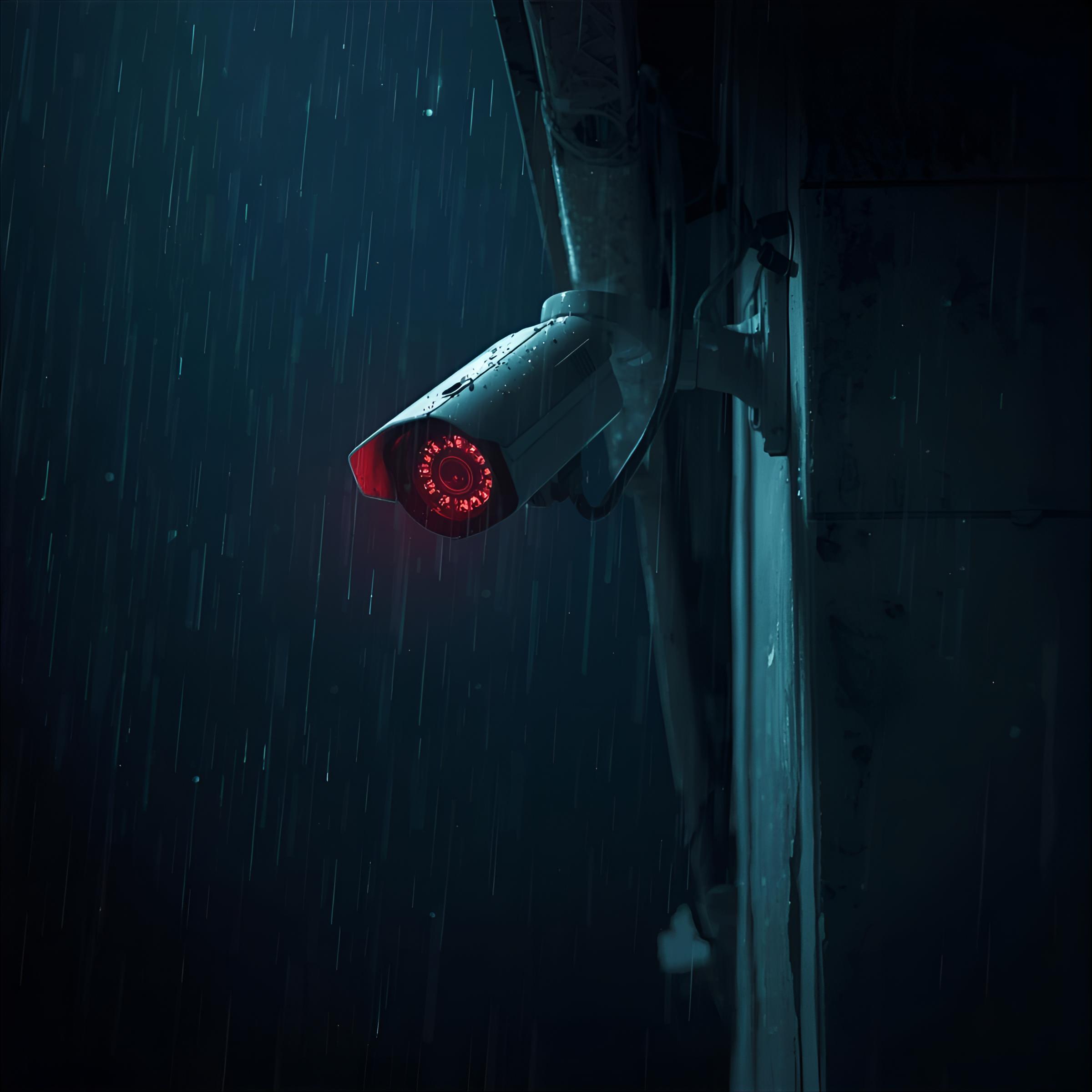 camara-de-seguridad-bajo-lluvia una cámara de seguridad bajo la lluvia en la noche