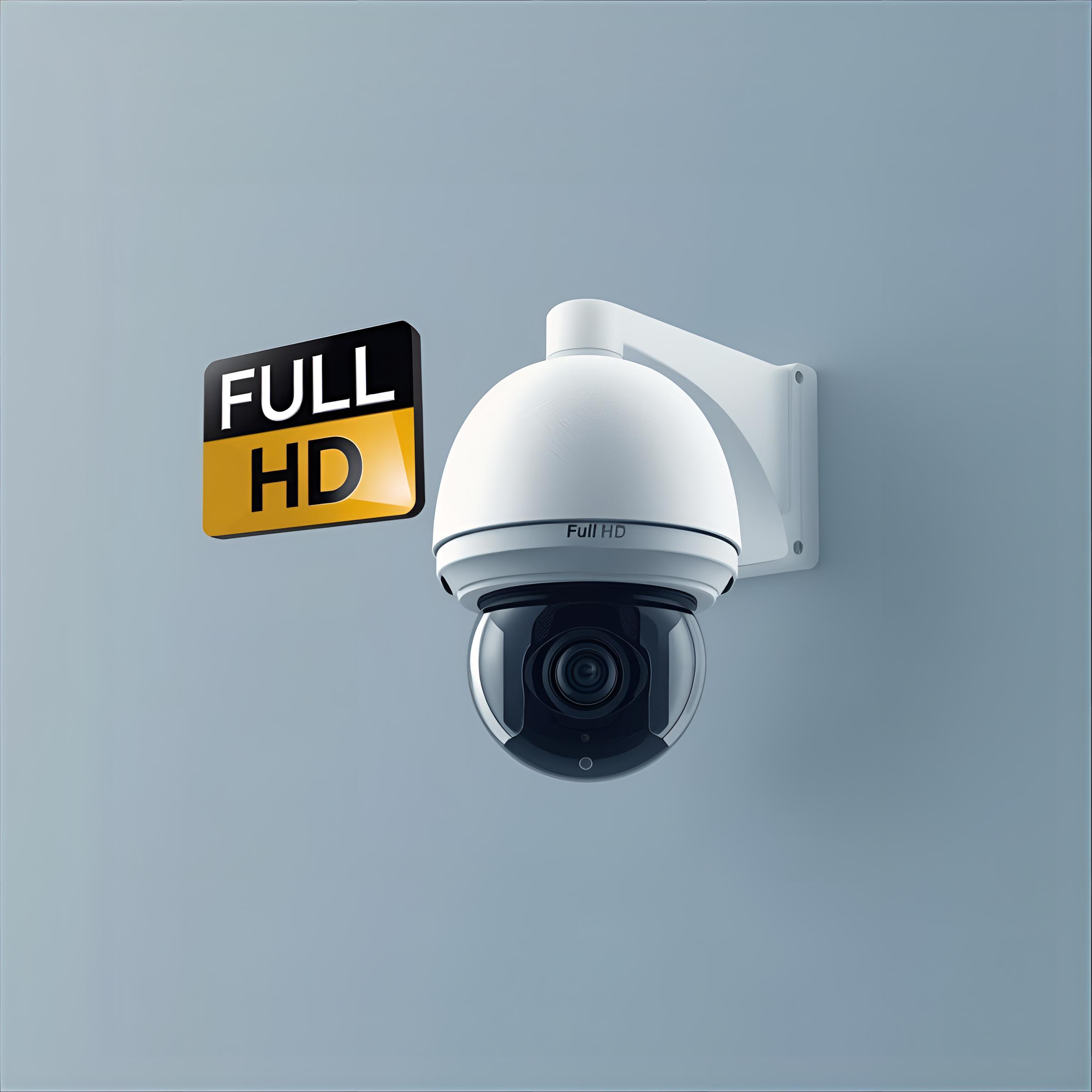 una camara de seguridad con el logo _FULL HD_ en letras flotando al lado
