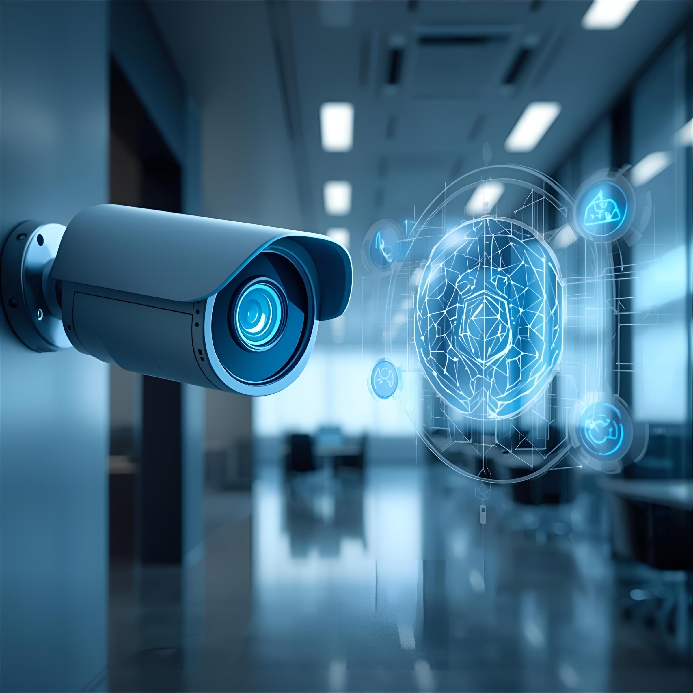 una camara de seguridad con un icono de Inteligencia Artificial en 3d flotando a la derecha