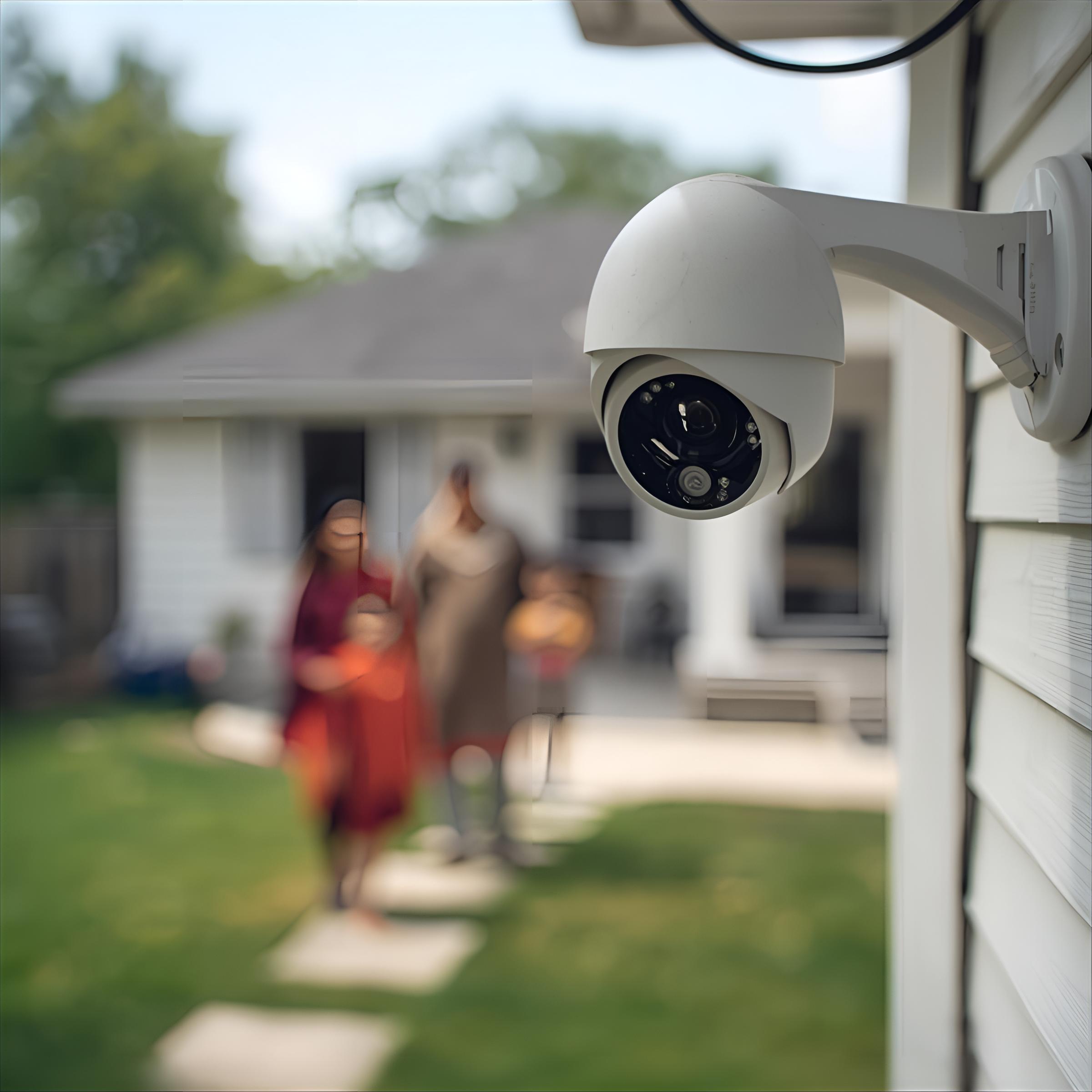 una camara de seguridad en el patio de una casa con una familia de fondo desenfocada