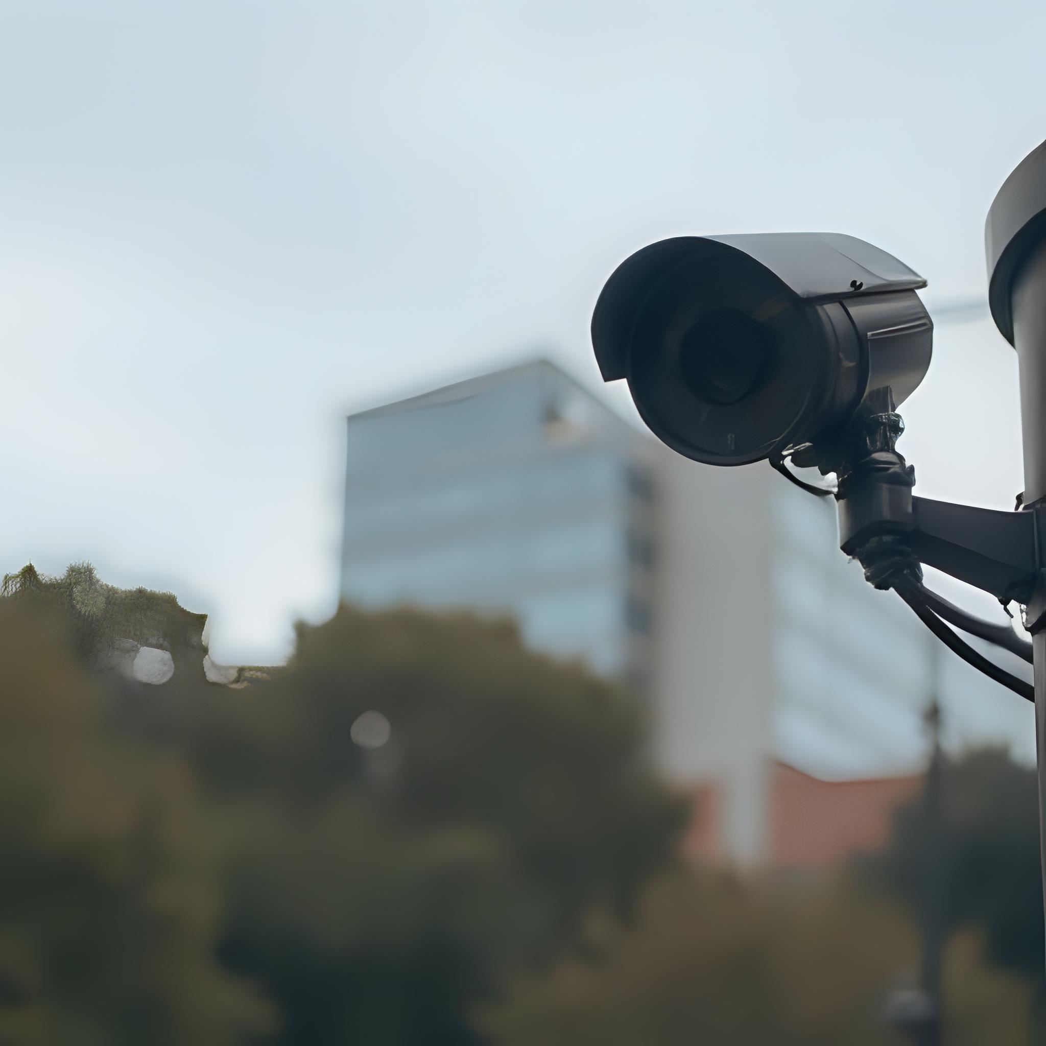 una camara de seguridad en primer plano cinematografico enfocando un edificio de fondo
