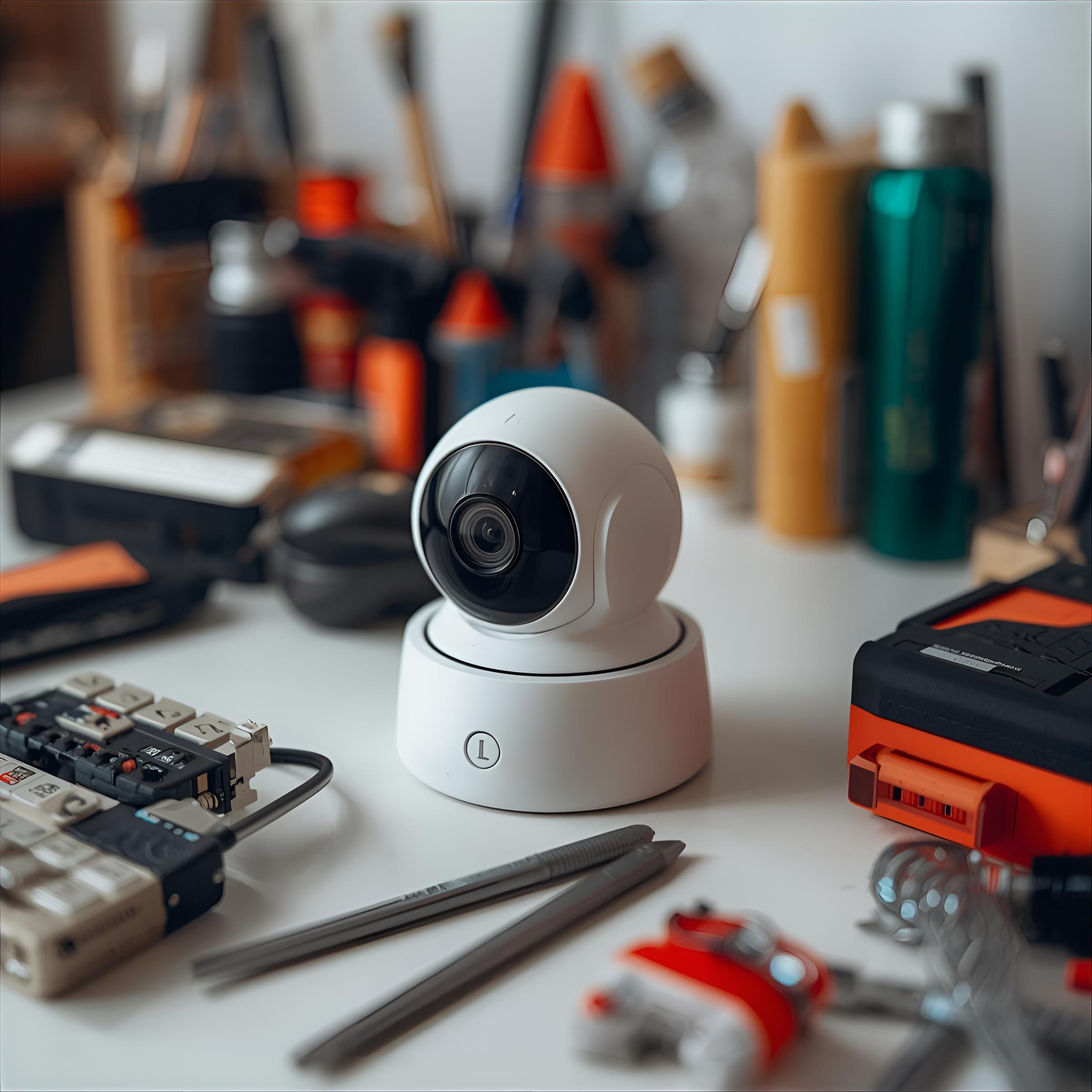 una camara de seguridad en un escritorio junto a varias herramientas