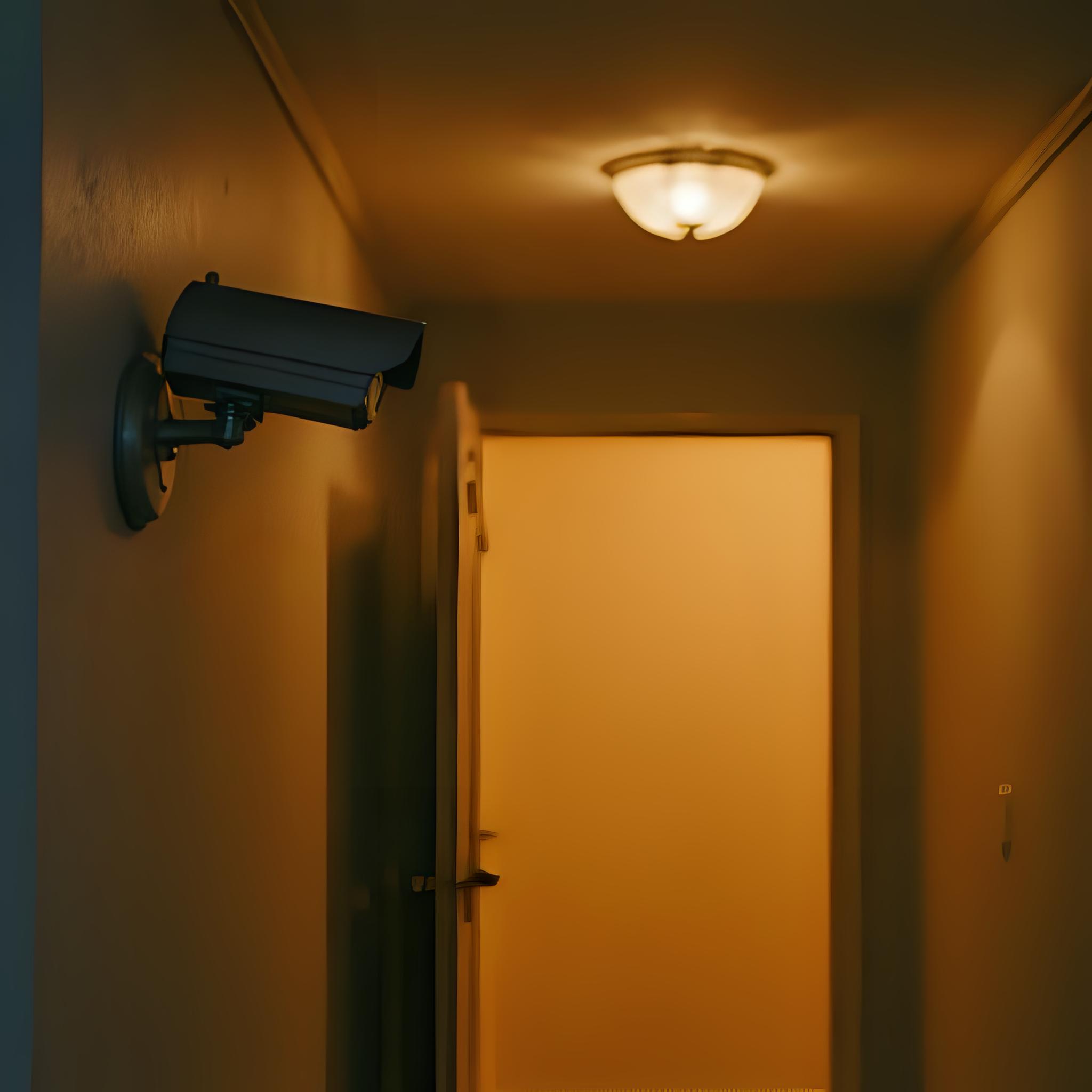 una camara de seguridad en un pasillo apuntando directamente a una puerta abierta en un ambiente vespertino