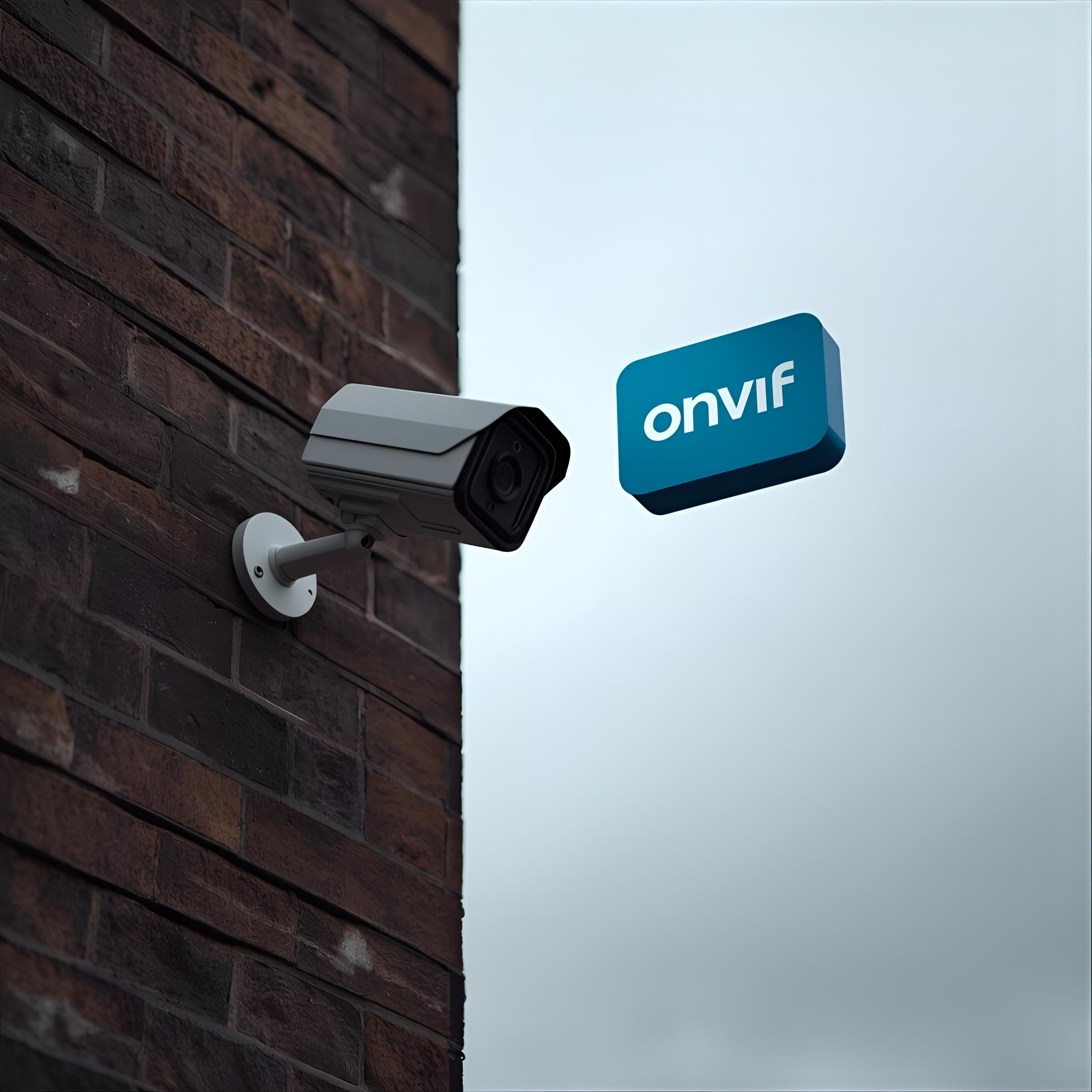 una camara de seguridad en una pared de ladrillos con el logo de ONVIF flotando