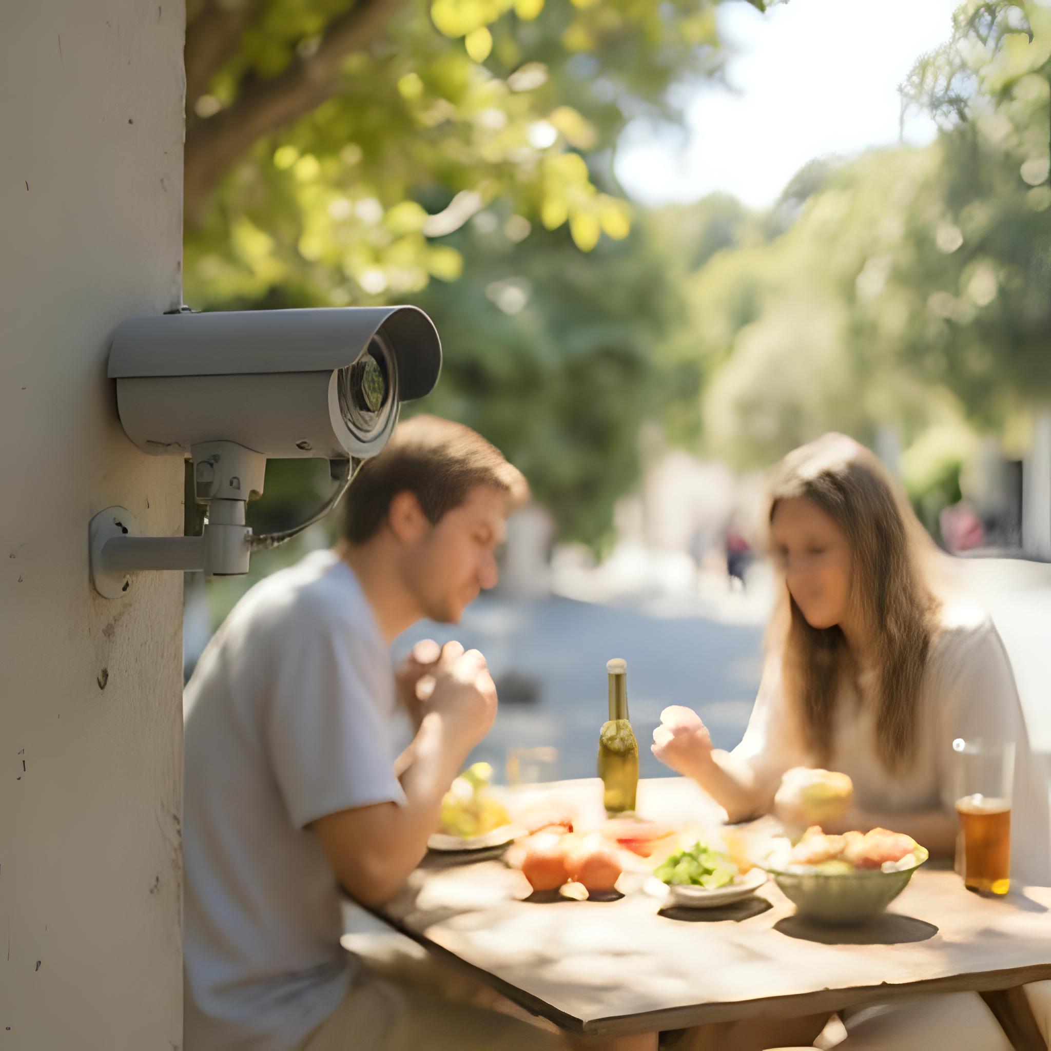 una camara de seguridad instalada en una pared y de fondo una familia almorzando con desenfoque gaussiano