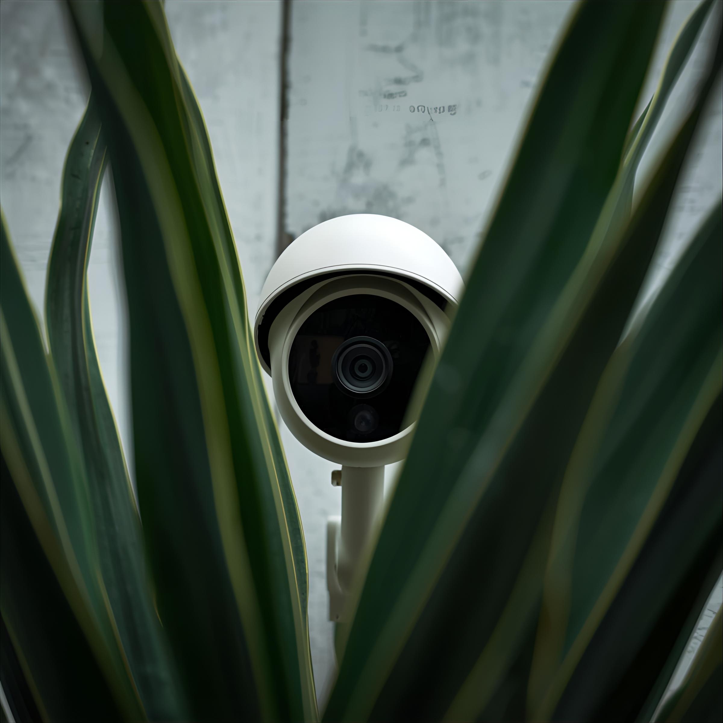una camara de seguridad oculta detras de una planta, escondida detras de las hojas