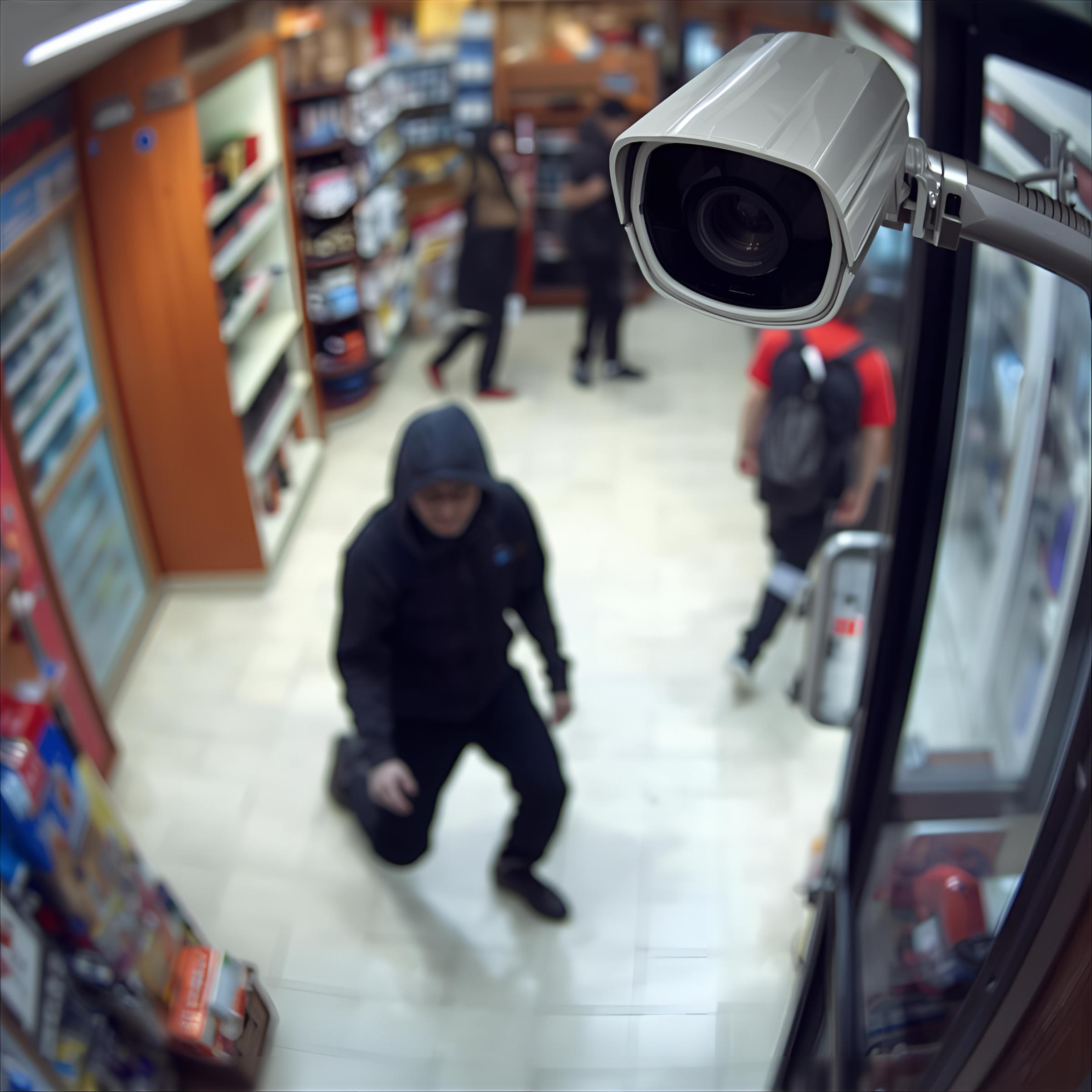 una camara de seguridad registrando de fondo un intento de robo en un comercio retail