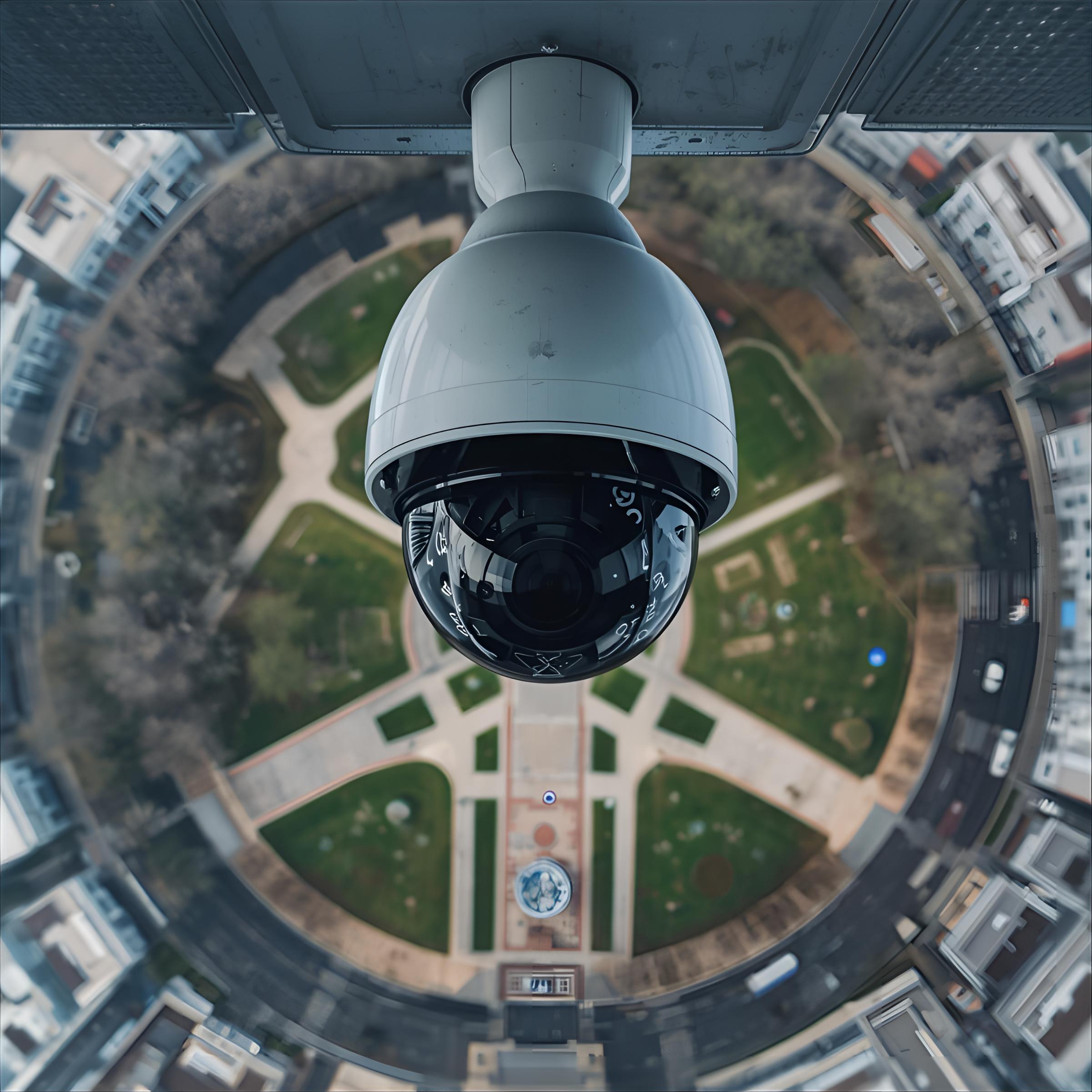 una camara de seguridad tipo domo 360 de alta tecnologia enfocando un enorme parque de ciudad