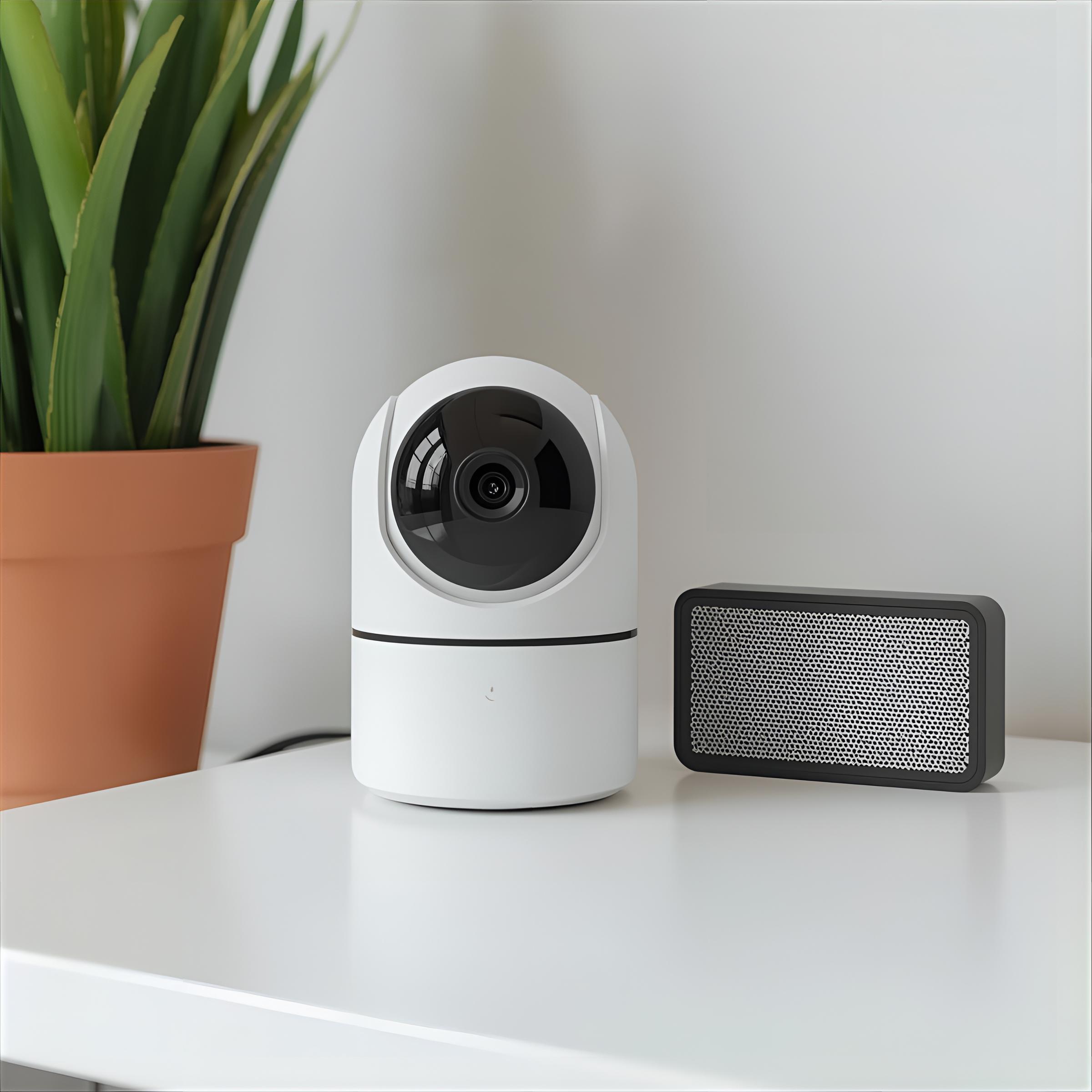una camara de seguridad tipo domo robotico aobre un escritorio
