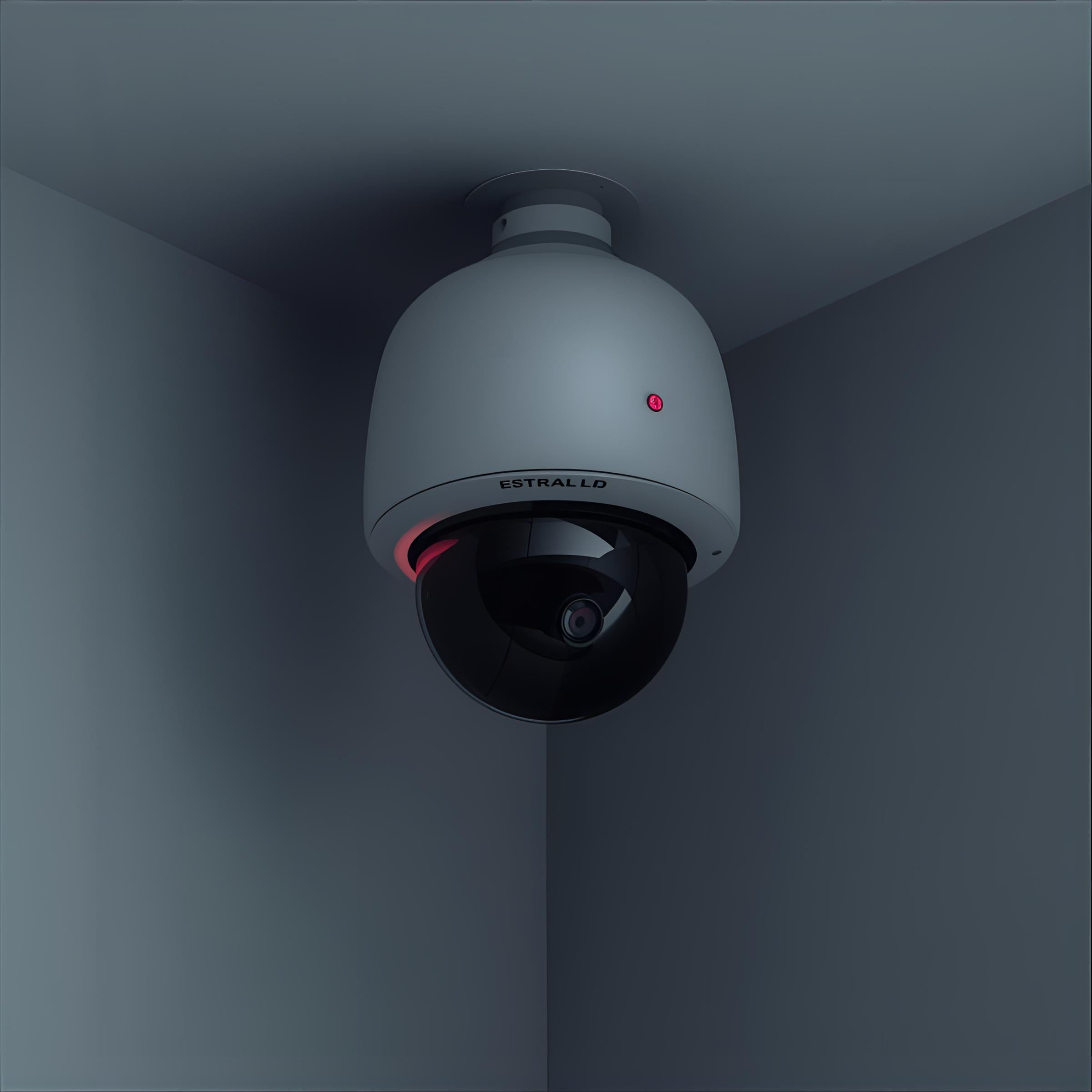 una imagen de una cámara de seguridad tipo domo en una esquina, con un led rojo prendido