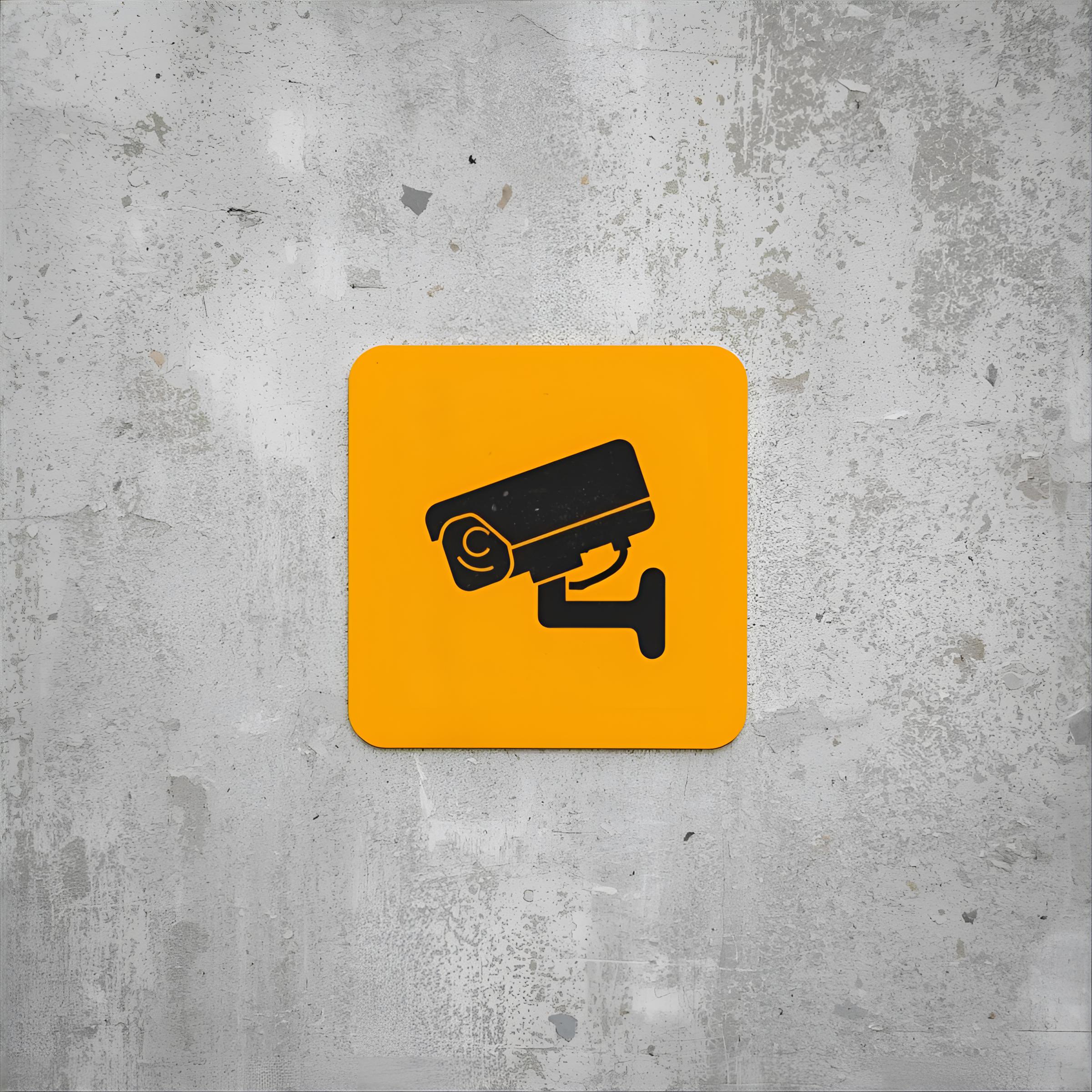 una pared con un cartel amarillo y icono en negro de una camara de seguridad
