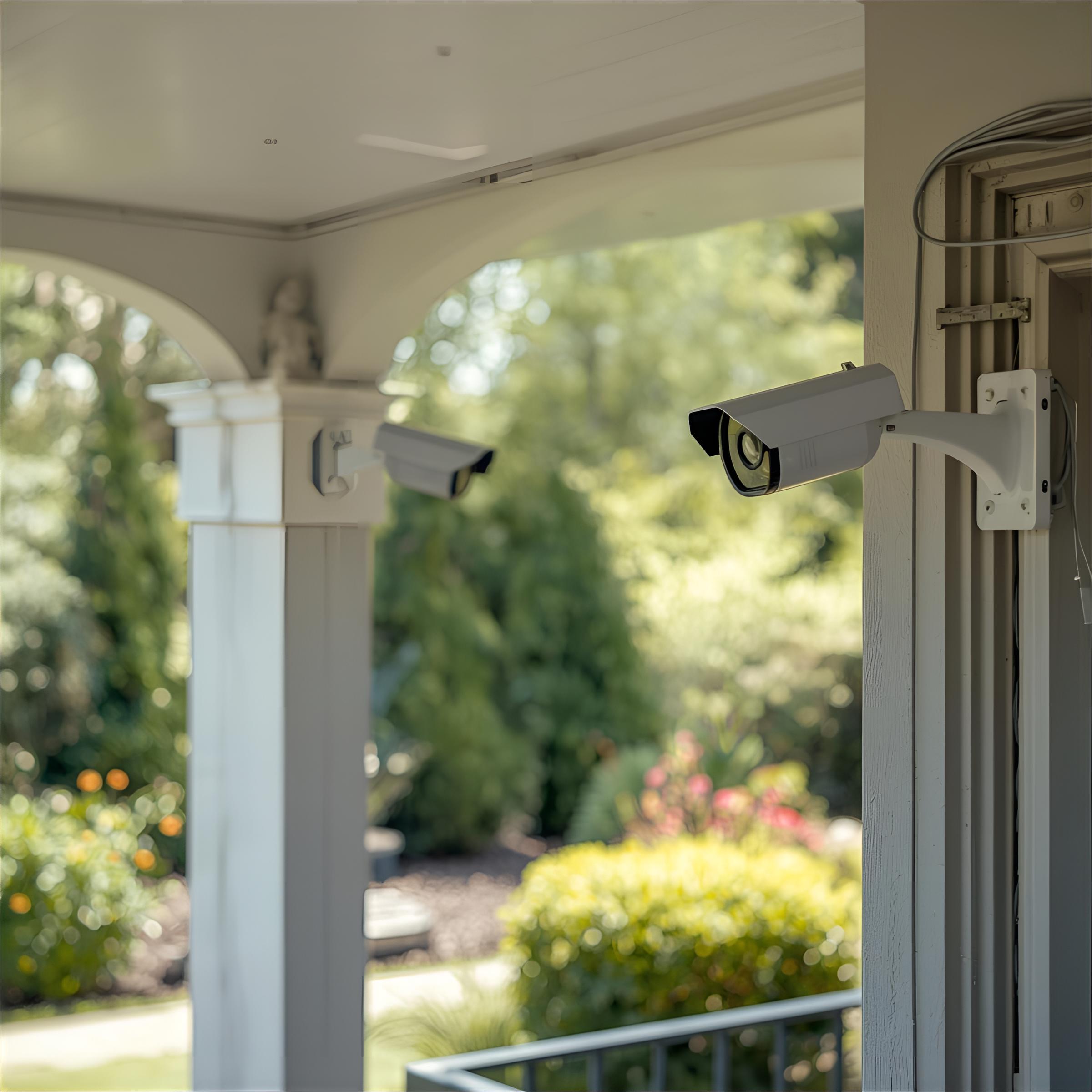 una patio exterior con dos cámaras de seguridad instaladas, es de dia