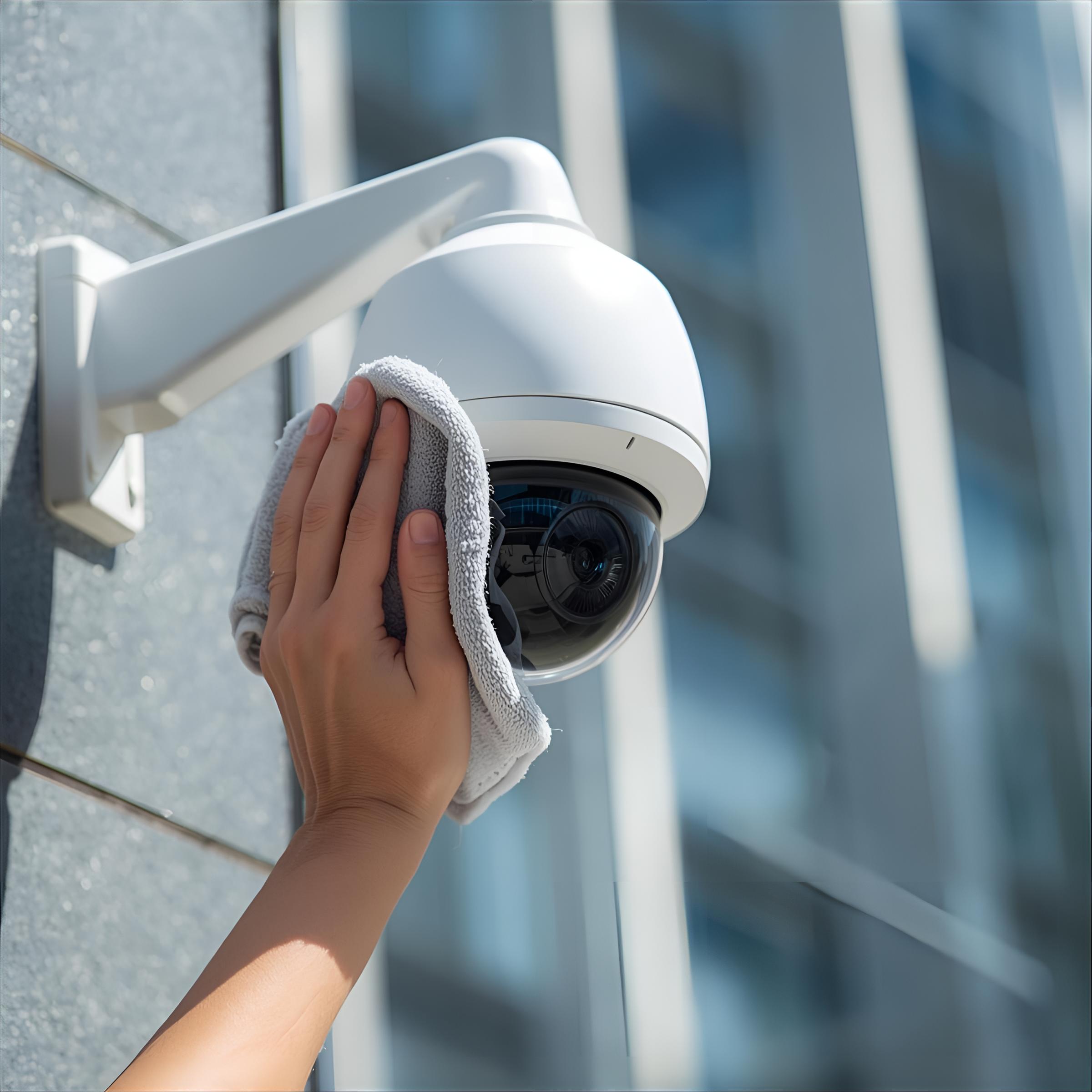 una persona limpiando con un paño el lente de una camara de seguridad