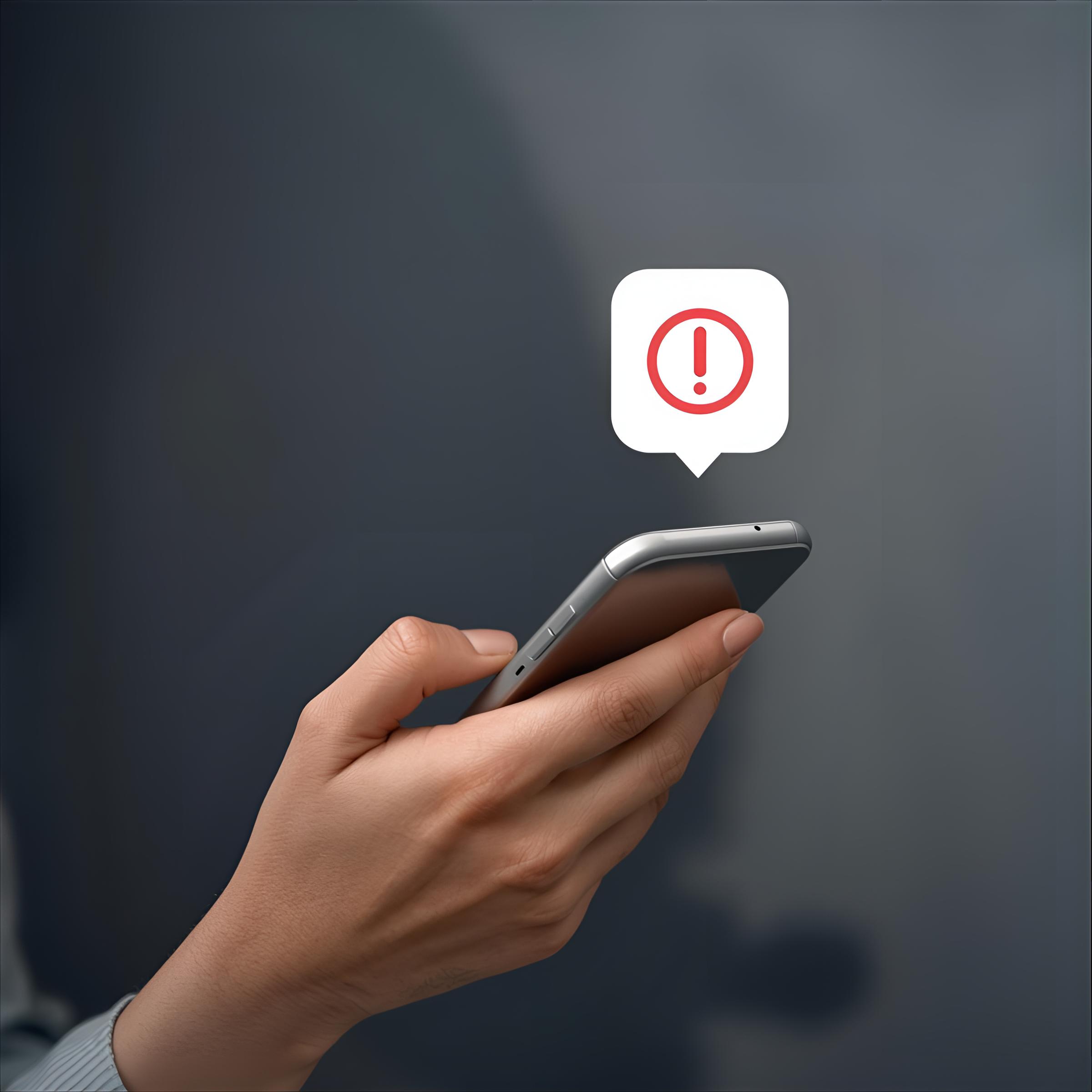 una persona utilizando un smartphone con una sola mano sin que se vea la pantalla, y un icono de una notificación emergente flota en el aire simbolizando que hay un aviso