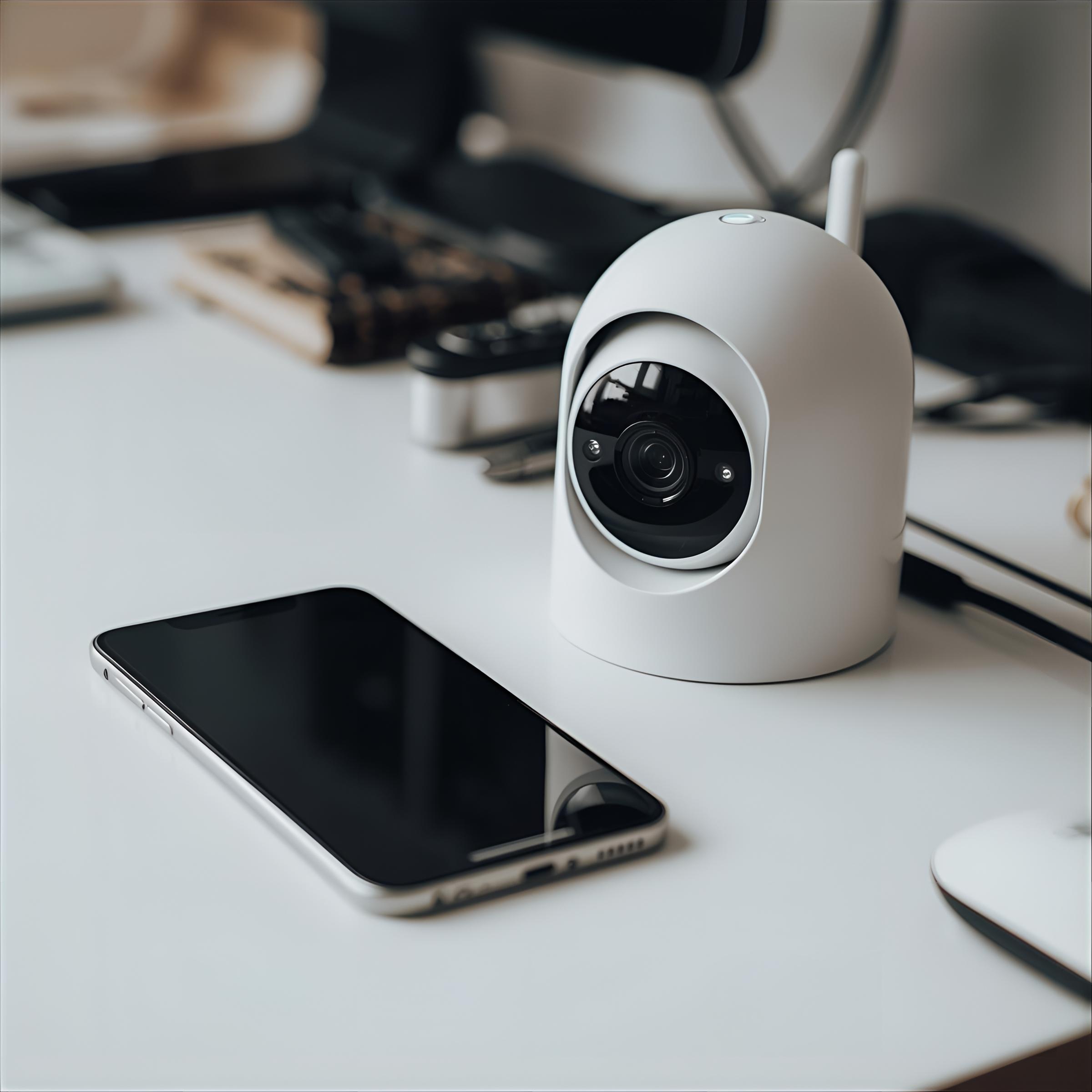 camara-y-smartphone una smartphone al lado de una cámara de seguridad arriba de un escritorio