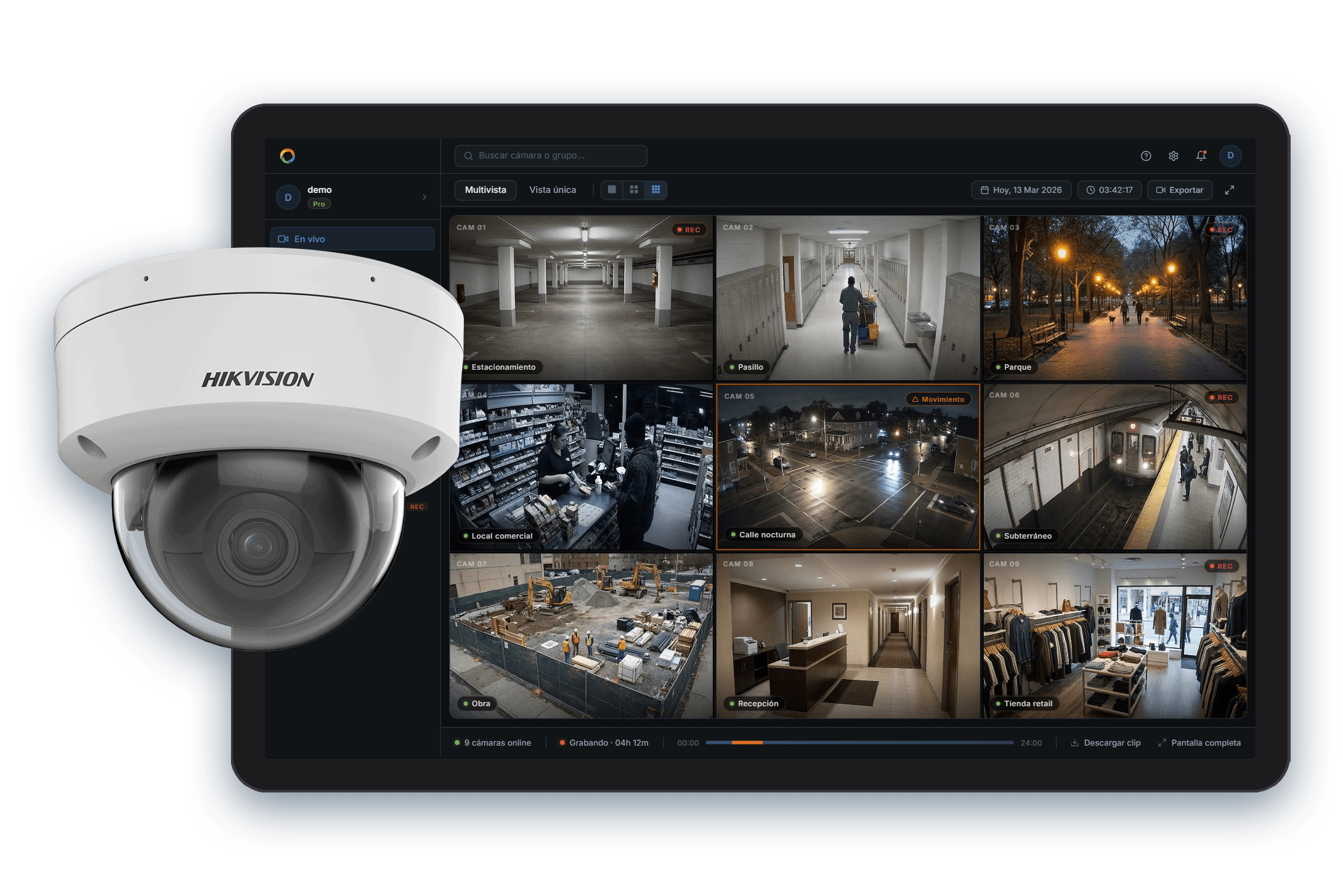 Dashboard MonitorCenter con camara Hikvision activa