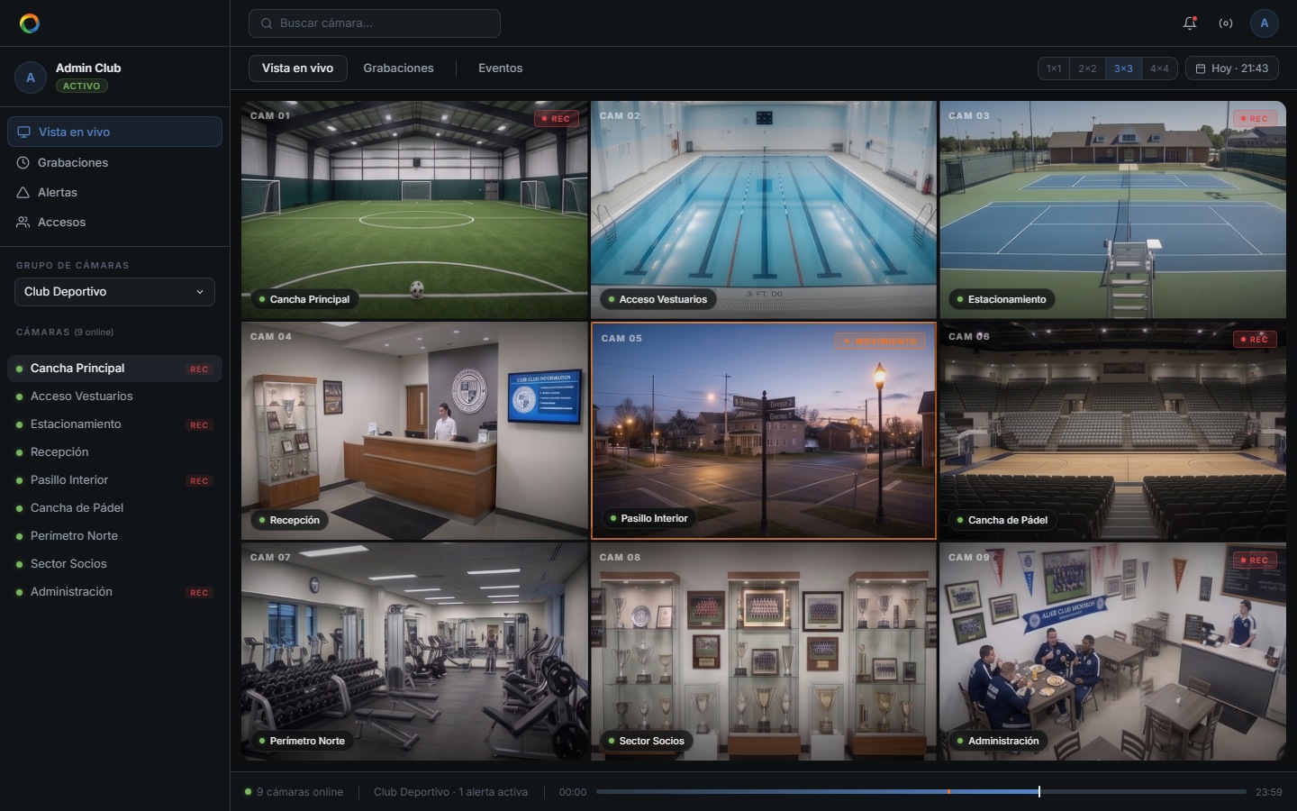 Mockup de MonitorCenter aplicado a un club deportivo: accesos, canchas y estacionamiento