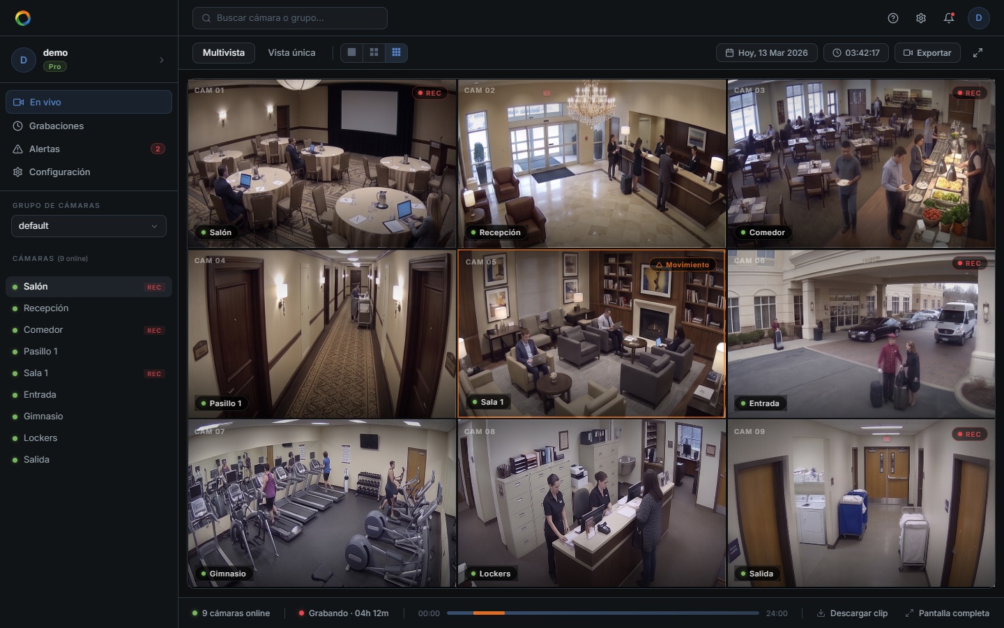 Mockup de MonitorCenter en un hotel: pasillos, recepción, estacionamiento y áreas comunes monitoreados en la nube