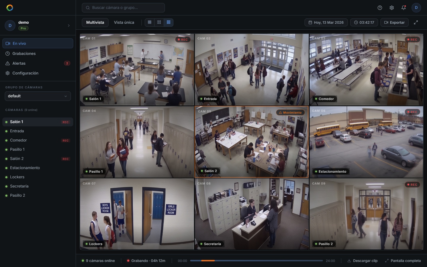Mockup de MonitorCenter en un colegio: accesos, pasillos, recreos y portería monitoreados en la nube