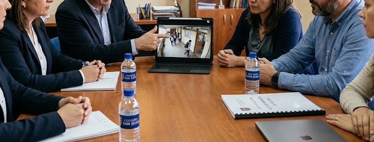 directora de colegio mostrando evidencia en video ante reclamo de padres